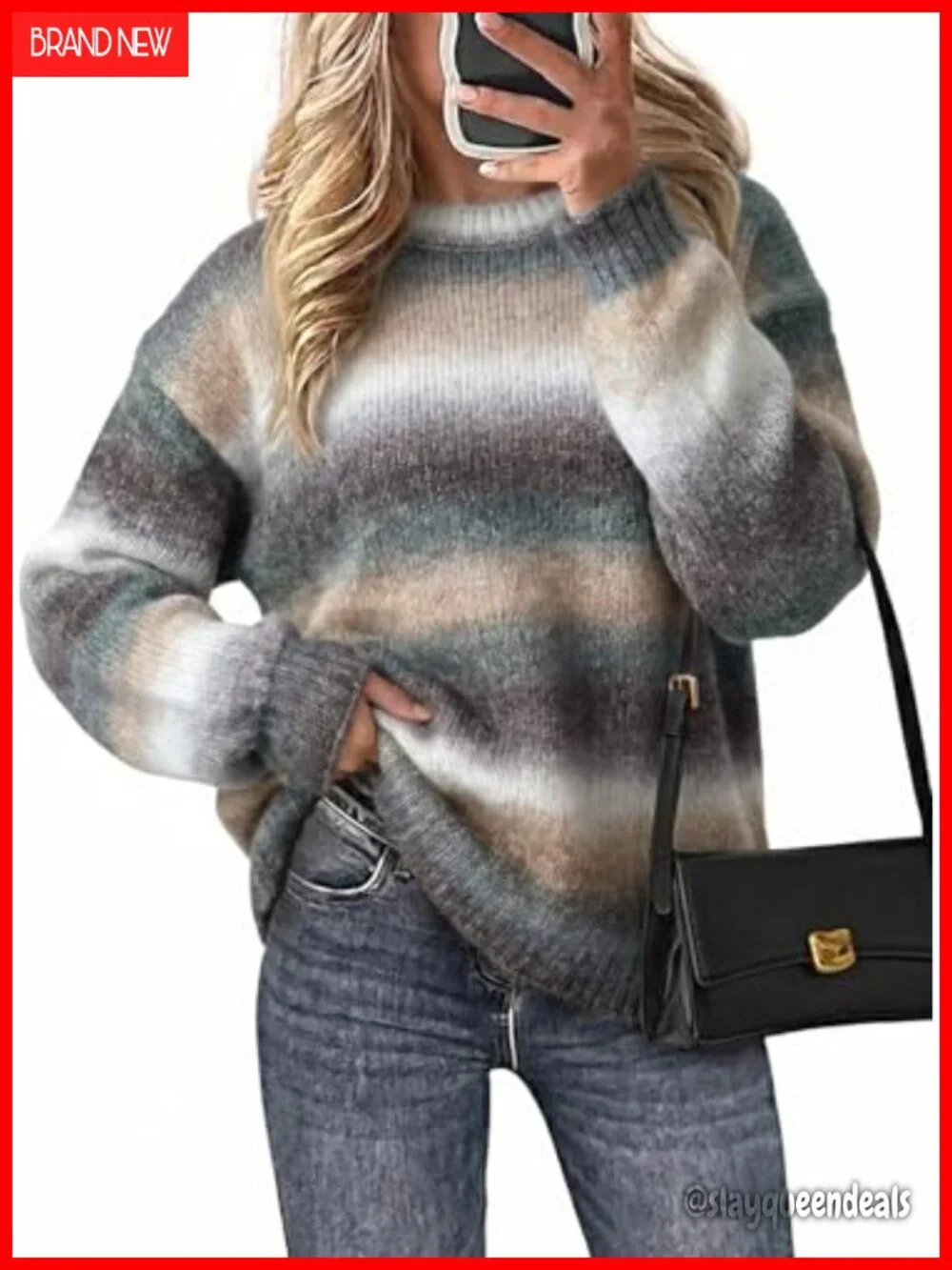 Womens Sweaters Crewneck Lantern Long Sleeve Color Block Striped Pullover